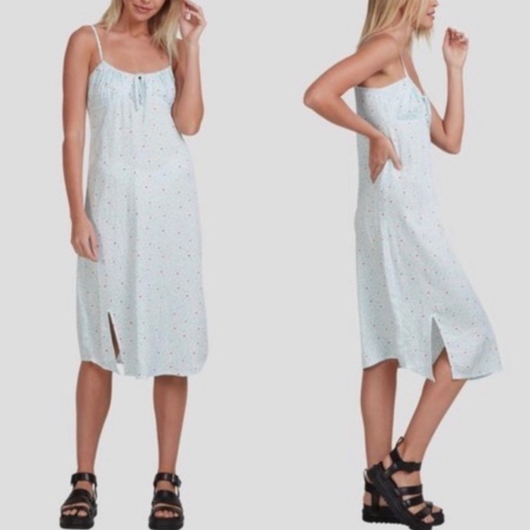 NWT RVCA Wildflower Tie Front Slit Midi Dress Blue & White - Picture 1 of 10